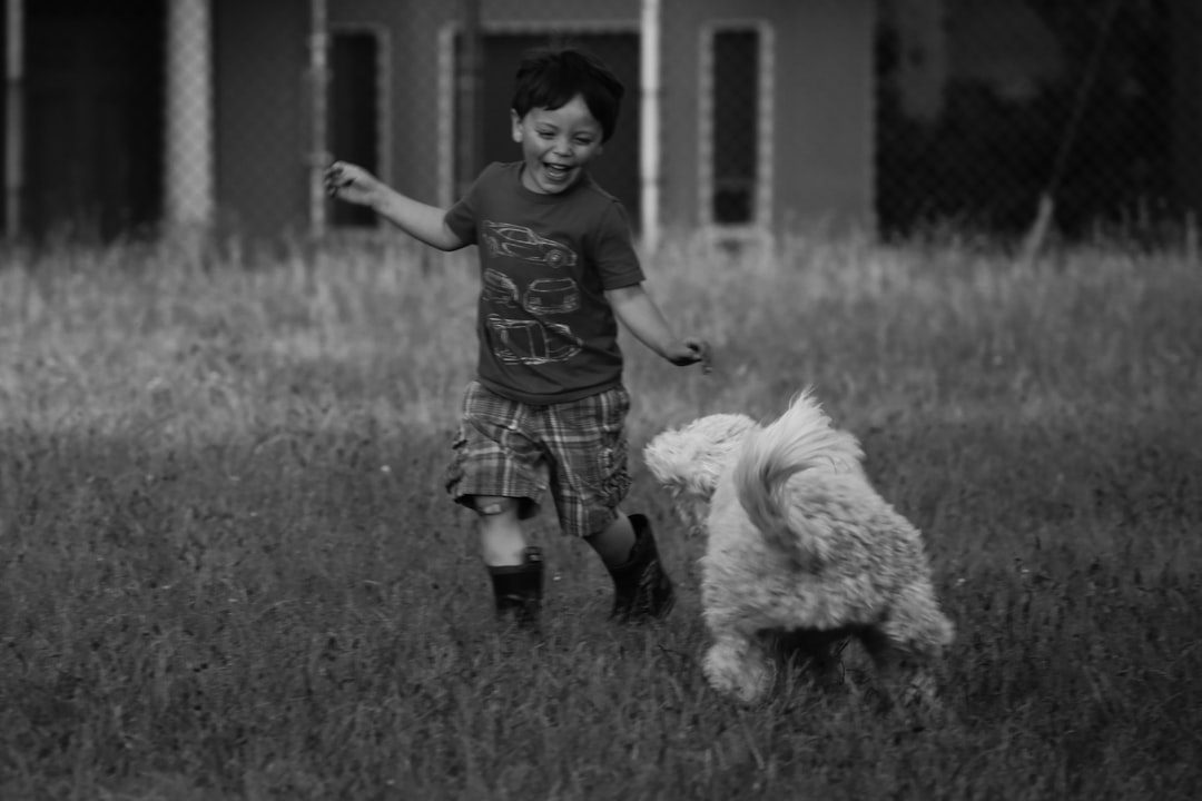 A boy playing outdoors with a fluffy curly-coated dog